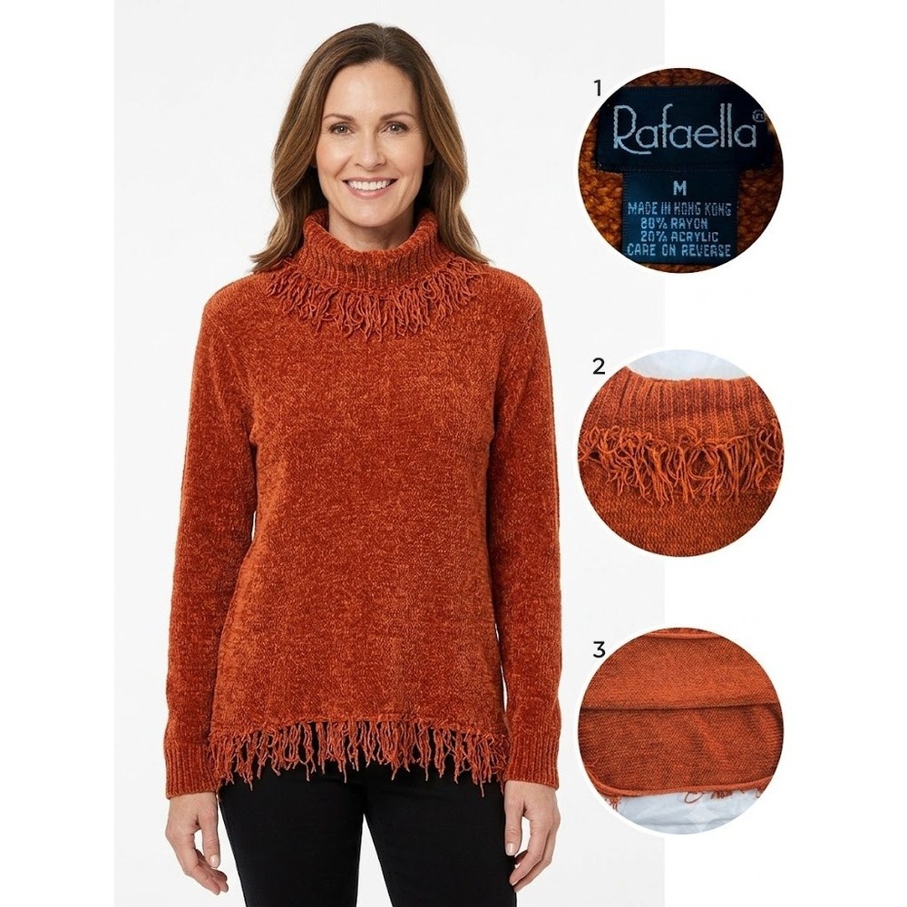 Vintage Rafaella Women M Burnt Orange Chenille Fringe Turtleneck Sweater Y2K